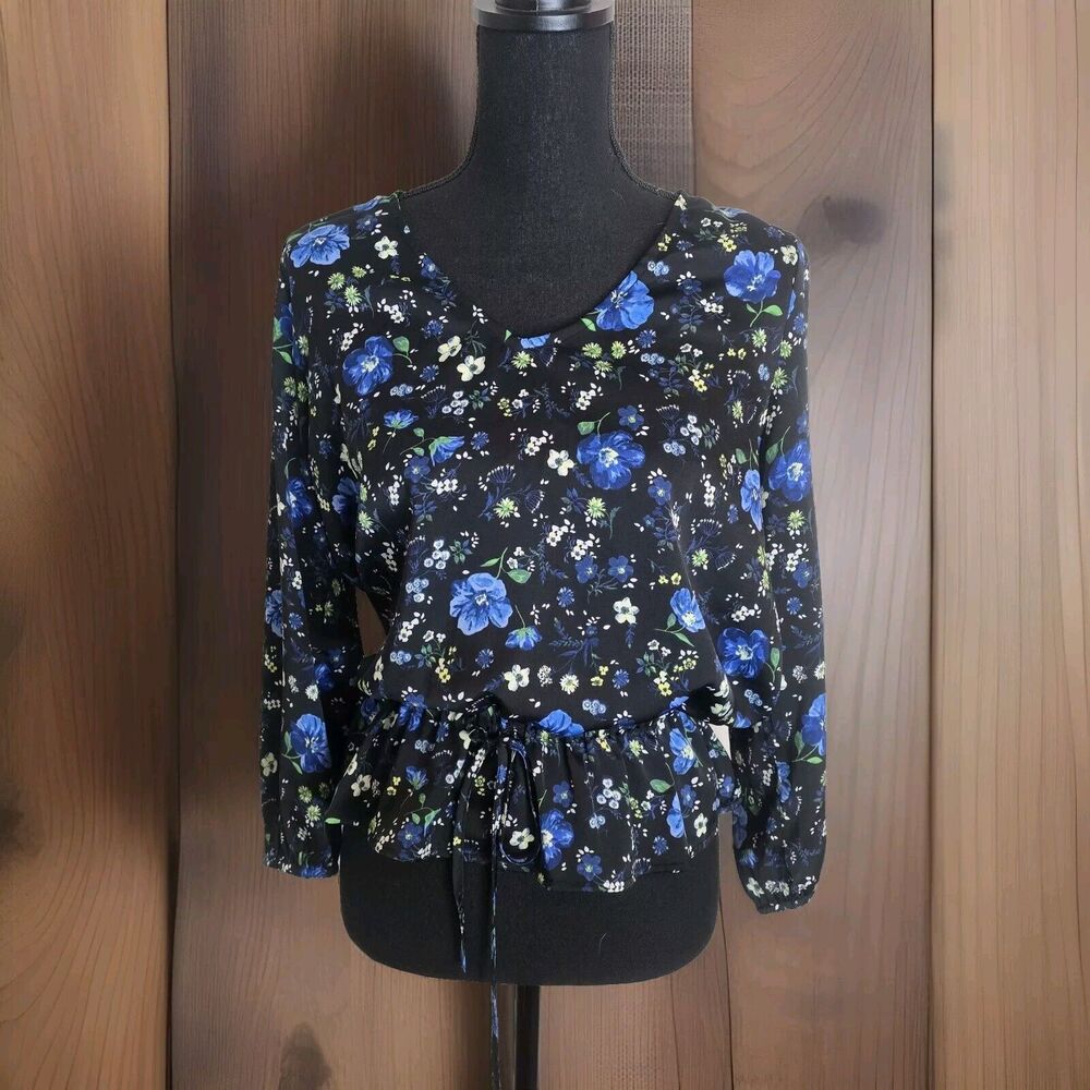 Banana Republic Blouse Small Dark Floral Cropped Tie Waist Whimsigoth Black Top